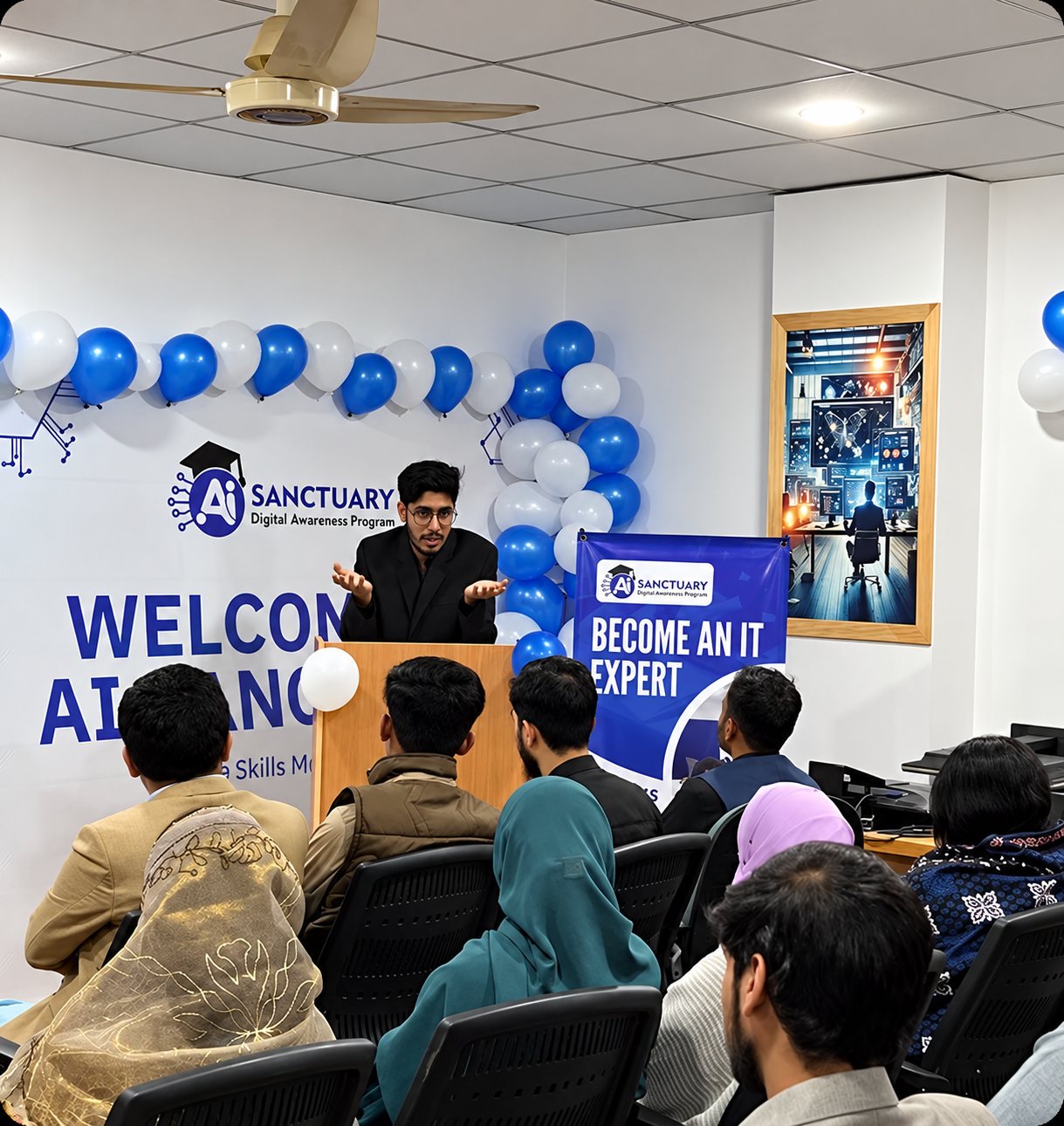 An AI Sanctuary awareness session with a speaker at the podium