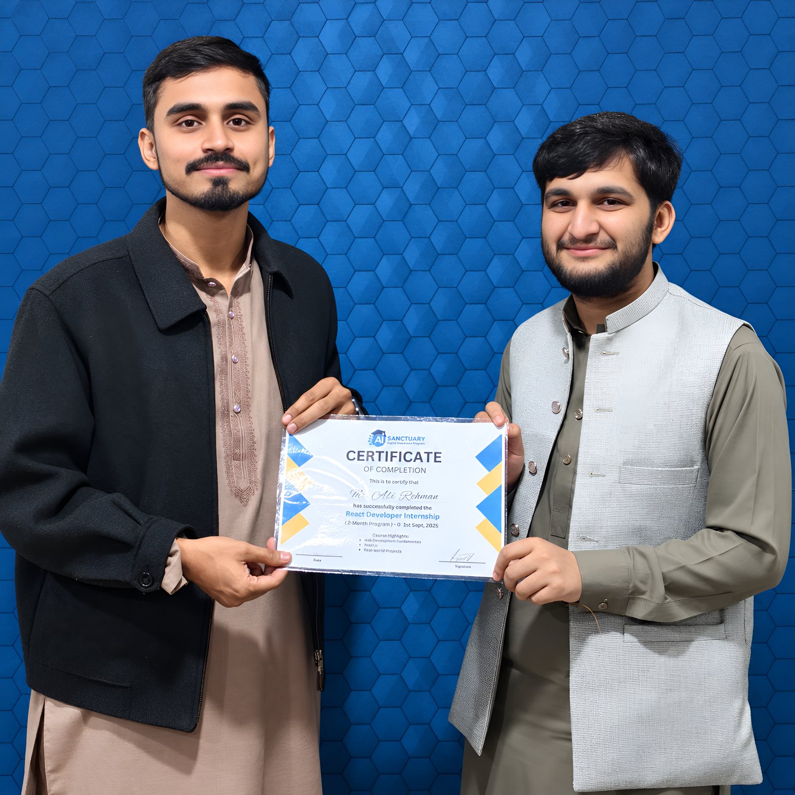 Two learners holding an AI Sanctuary completion certificate